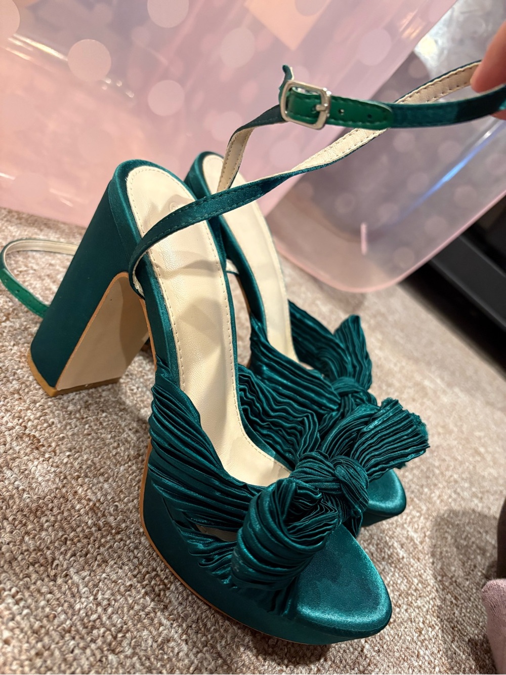 Emerald Green Velvet Block Heel Sandals with Knotted Pleat Detail